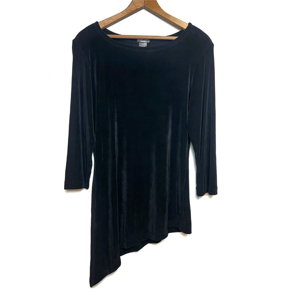 Knit Chic Slinky Tunic Top Black 3/4 Sleeve Asymmetrical Hem Women’s Size M NWT